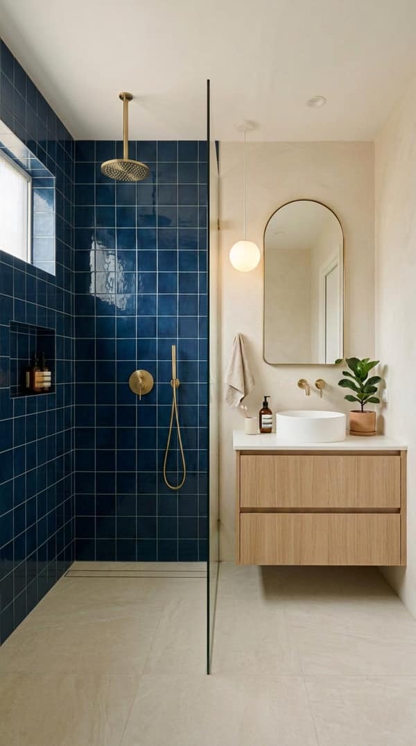 El mismo baño con baldosas azules