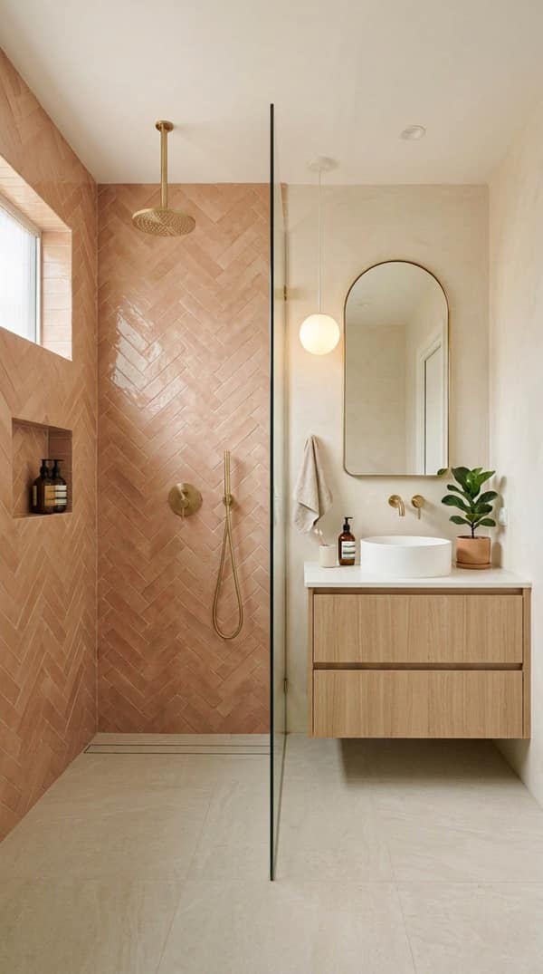 Baño con baldosas terracota en espina de pez