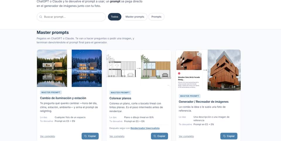 La Biblioteca de Prompts: buscador, filtros y tarjetas con el antes y después de cada prompt