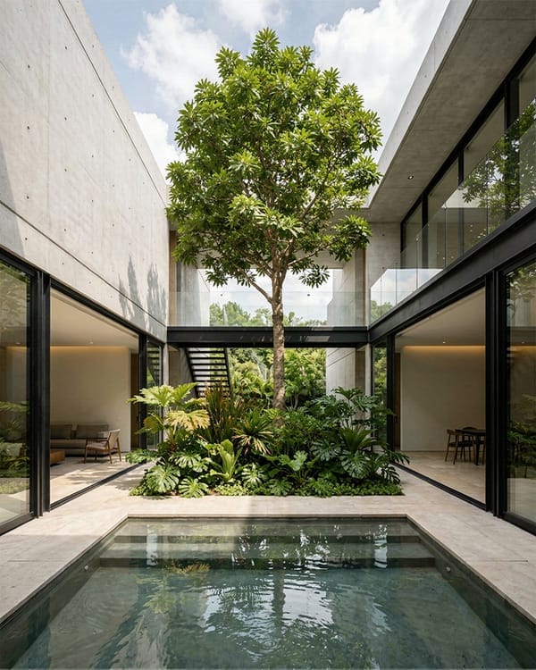 Patio interior con un árbol y vegetación: render logrado