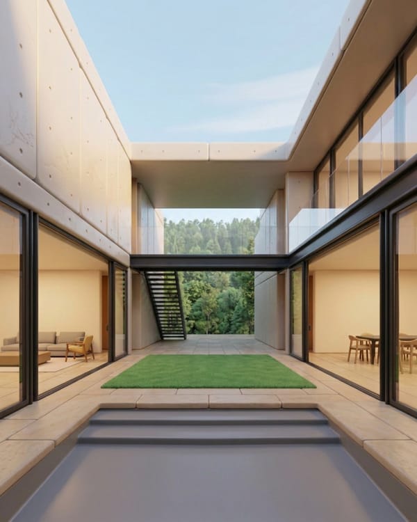 El mismo patio sin vegetación, con césped plano y luz lavada: render fallido